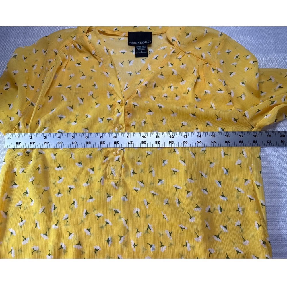 Cynthia Rowley Womens Yellow Floral Button Tab Sleeve Chiffon Blouse Size S - Picture 6 of 8